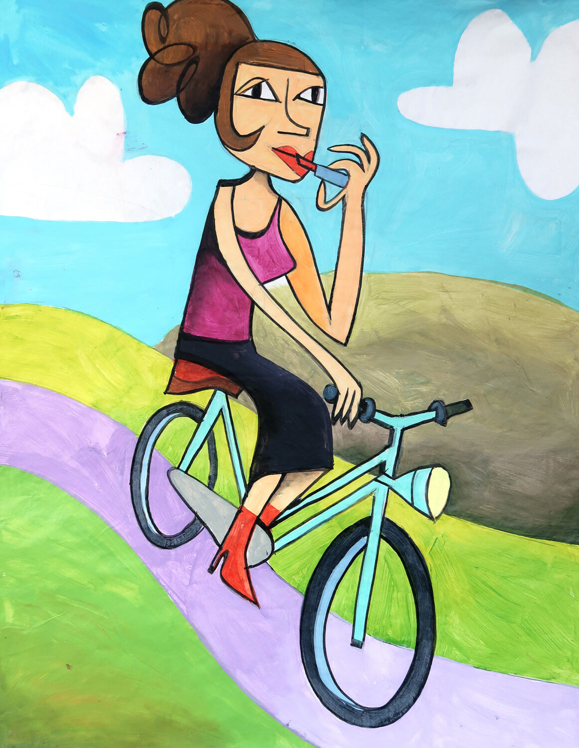 Illustration einer stilisierten Frau mit hochgestecktem Haar, die auf einem hellblauen Fahrrad fährt. Sie trägt rote Stiefel und ein lila Oberteil und fährt durch eine grüne Landschaft mit blauem Himmel.