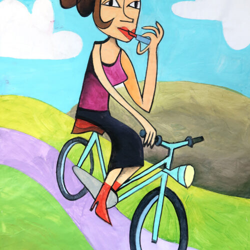 Illustration einer stilisierten Frau mit hochgestecktem Haar, die auf einem hellblauen Fahrrad fährt. Sie trägt rote Stiefel und ein lila Oberteil und fährt durch eine grüne Landschaft mit blauem Himmel.