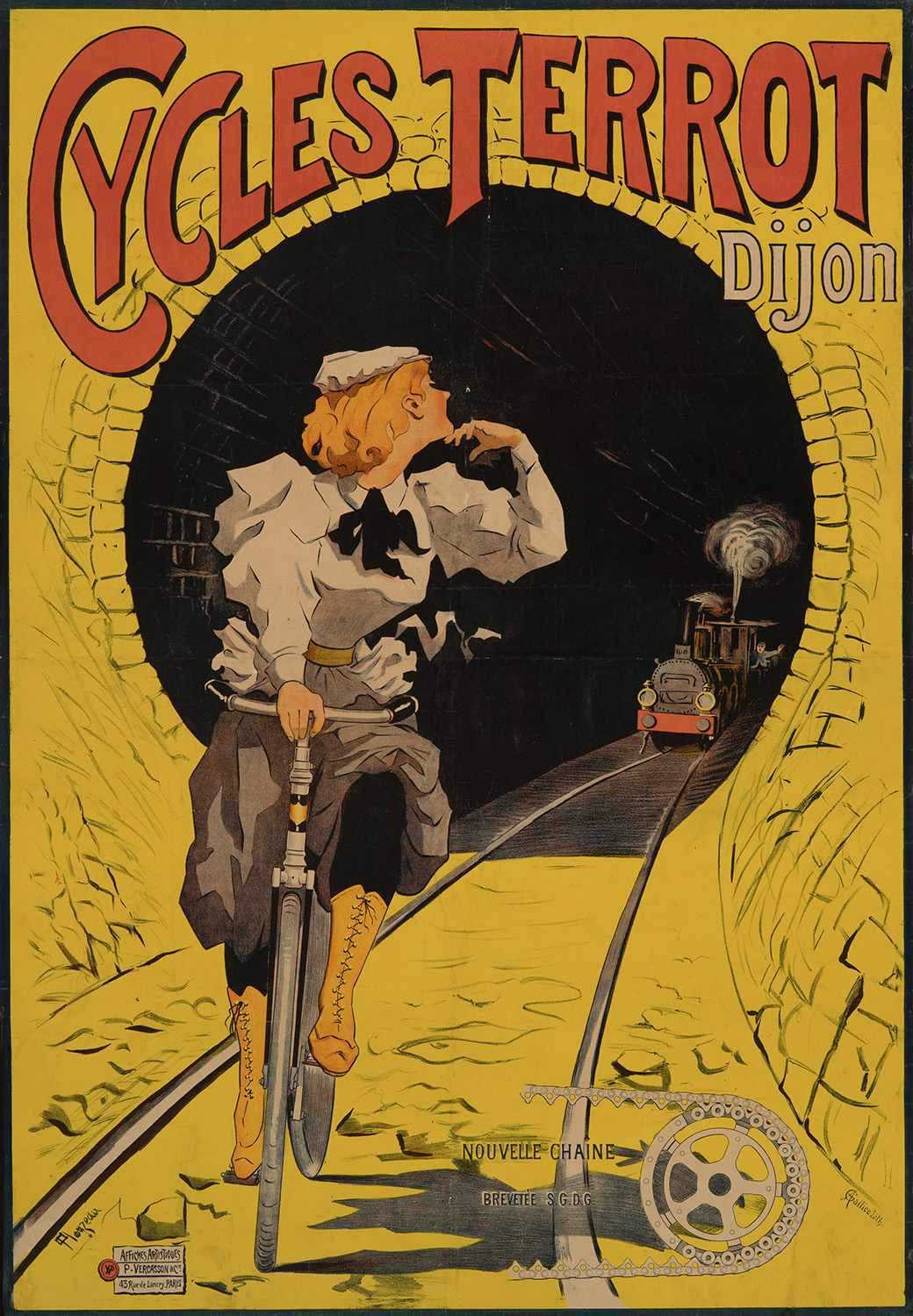 Das Plakat zeigt eine Frau auf einem Fahrrad der Marke „Cycles Terrot“, die aus einem Tunnel herausfährt und sich nach einer herannahenden Dampflokomotive umblickt.