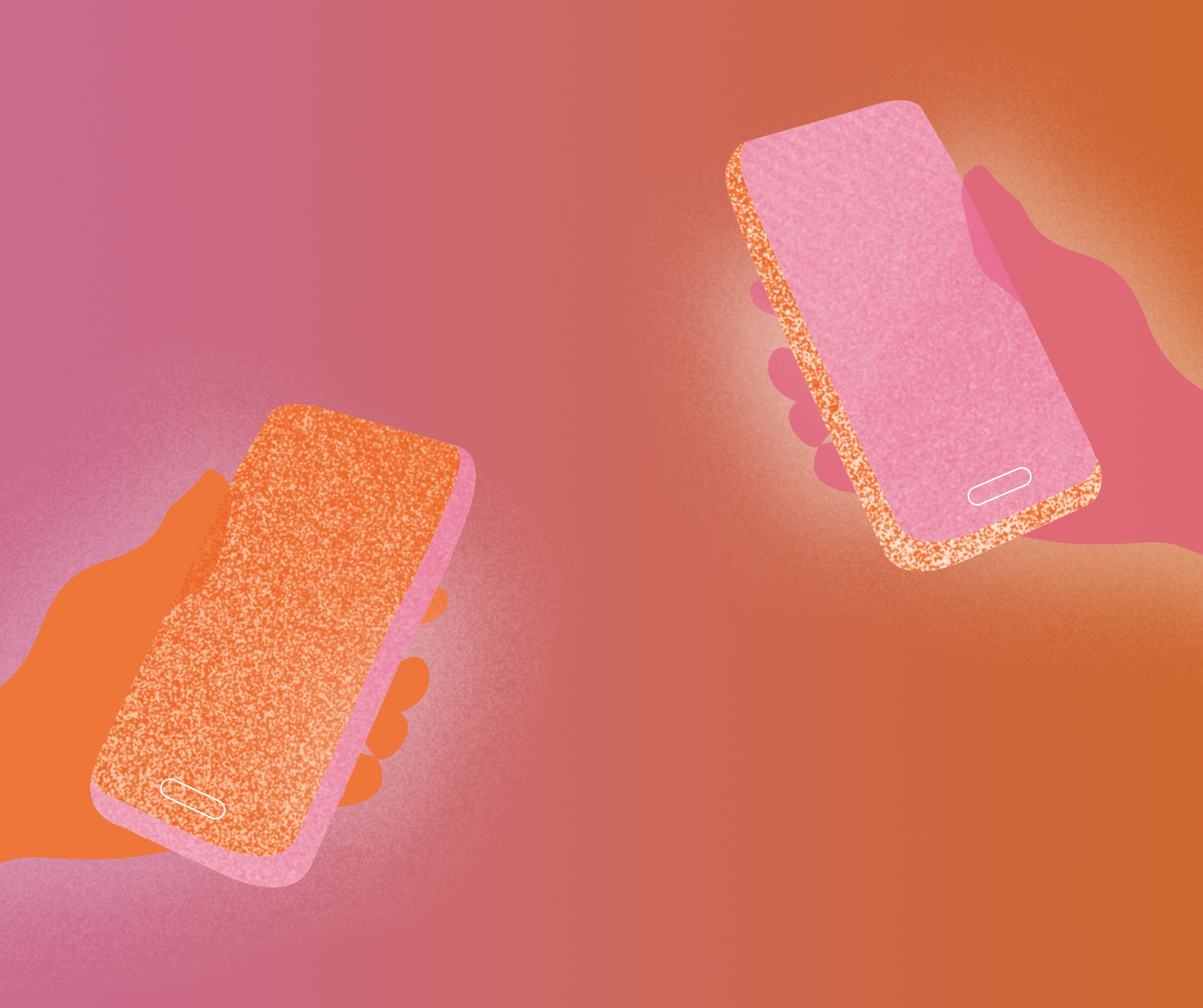 Zwei Hände halten Smartphones mit glitzernden Hüllen auf einem pink-orangefarbenen Hintergrund.