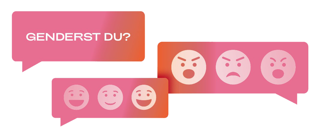 Eine Sprechblase mit der Frage "Genderst du?" und zwei Antworten: eine mit lächelnden Gesichtern und eine mit wütenden Gesichtern.
