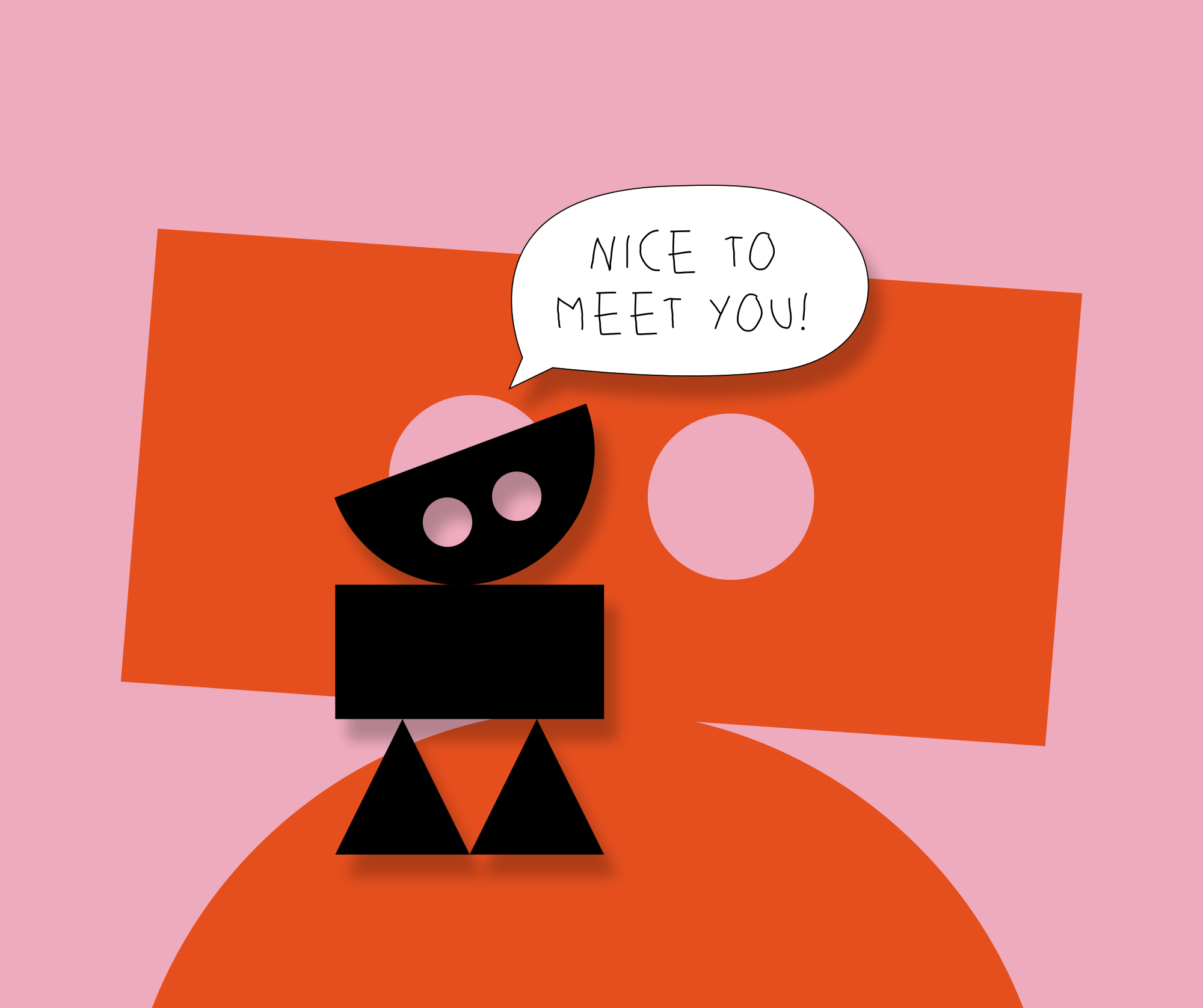 Eine abstrakte Figur mit einer Sprechblase, die "Nice to meet you!" sagt, auf einem pinken und orangen Hintergrund.