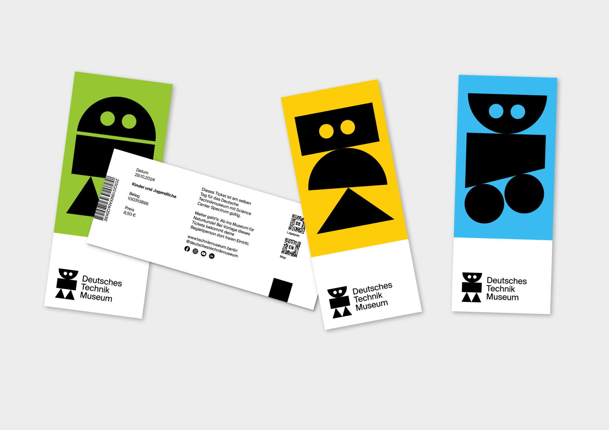 Drei Eintrittskarten für das Deutsche Technikmuseum mit verschiedenen farbigen Designs und einem QR-Code.