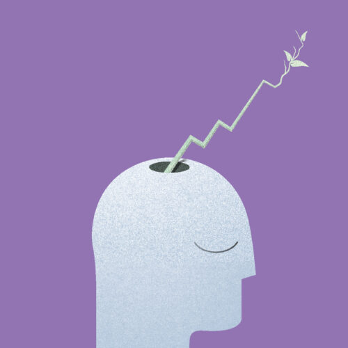 Stilisierter Kopf mit wachsender Pflanze, die sich in eine aufsteigende Linie verwandelt – Symbol für Ideenwachstum und positive Entwicklung.