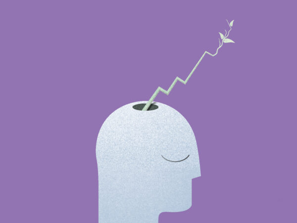 Stilisierter Kopf mit wachsender Pflanze, die sich in eine aufsteigende Linie verwandelt – Symbol für Ideenwachstum und positive Entwicklung.