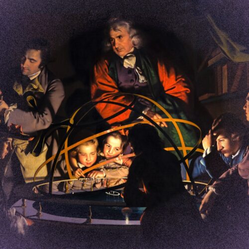 Historische Darstellung: Älterer Wissenschaftler zeigt Kindern und Erwachsenen ein globusartiges Modell bei schwachem Kerzenlicht.