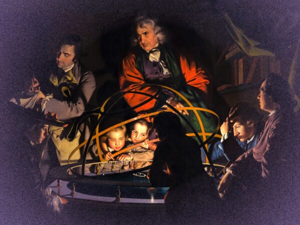 Historische Darstellung: Älterer Wissenschaftler zeigt Kindern und Erwachsenen ein globusartiges Modell bei schwachem Kerzenlicht.