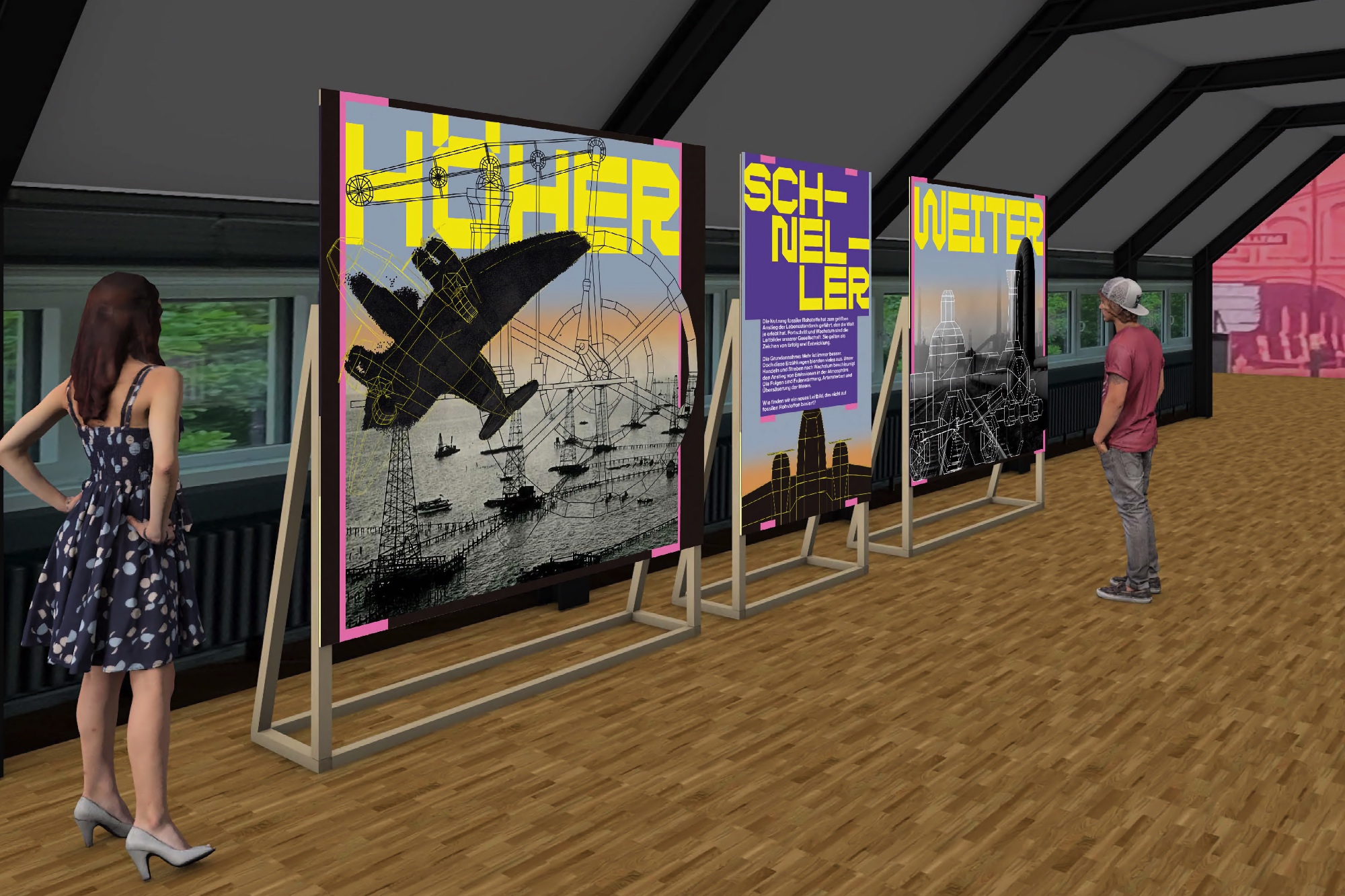 Zwei Personen betrachten eine Ausstellung mit drei Postern: "Höher", "Schneller", "Weiter" – historische Industrie- und Technikmotive in einem hellen Raum.