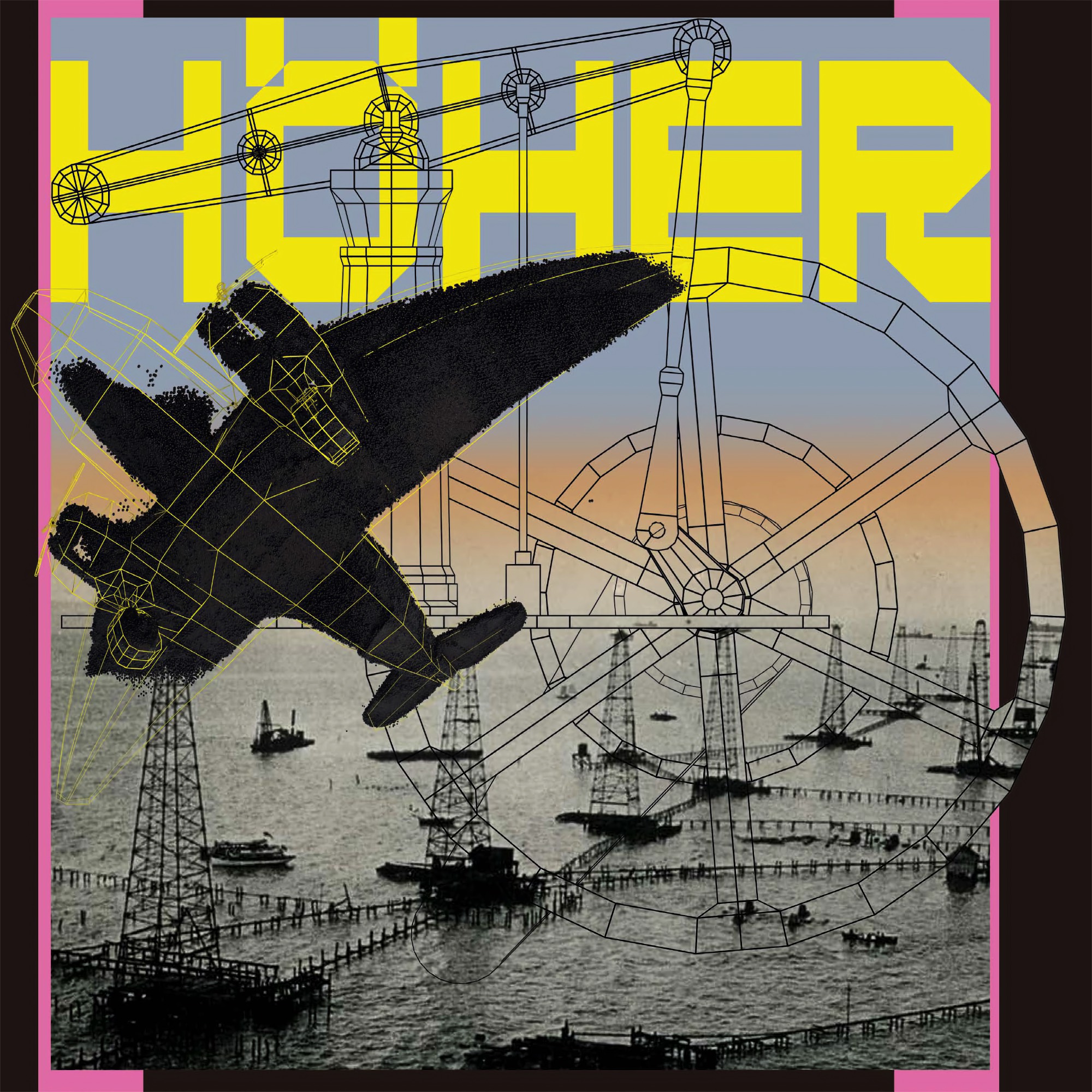 Historisches Foto einer Offshore-Industrieanlage mit Schwungrad-Struktur, überlagert von gelbem "Höher"-Schriftzug, einem schwarzen Flugzeug und digitalen Gitternetzlinien.