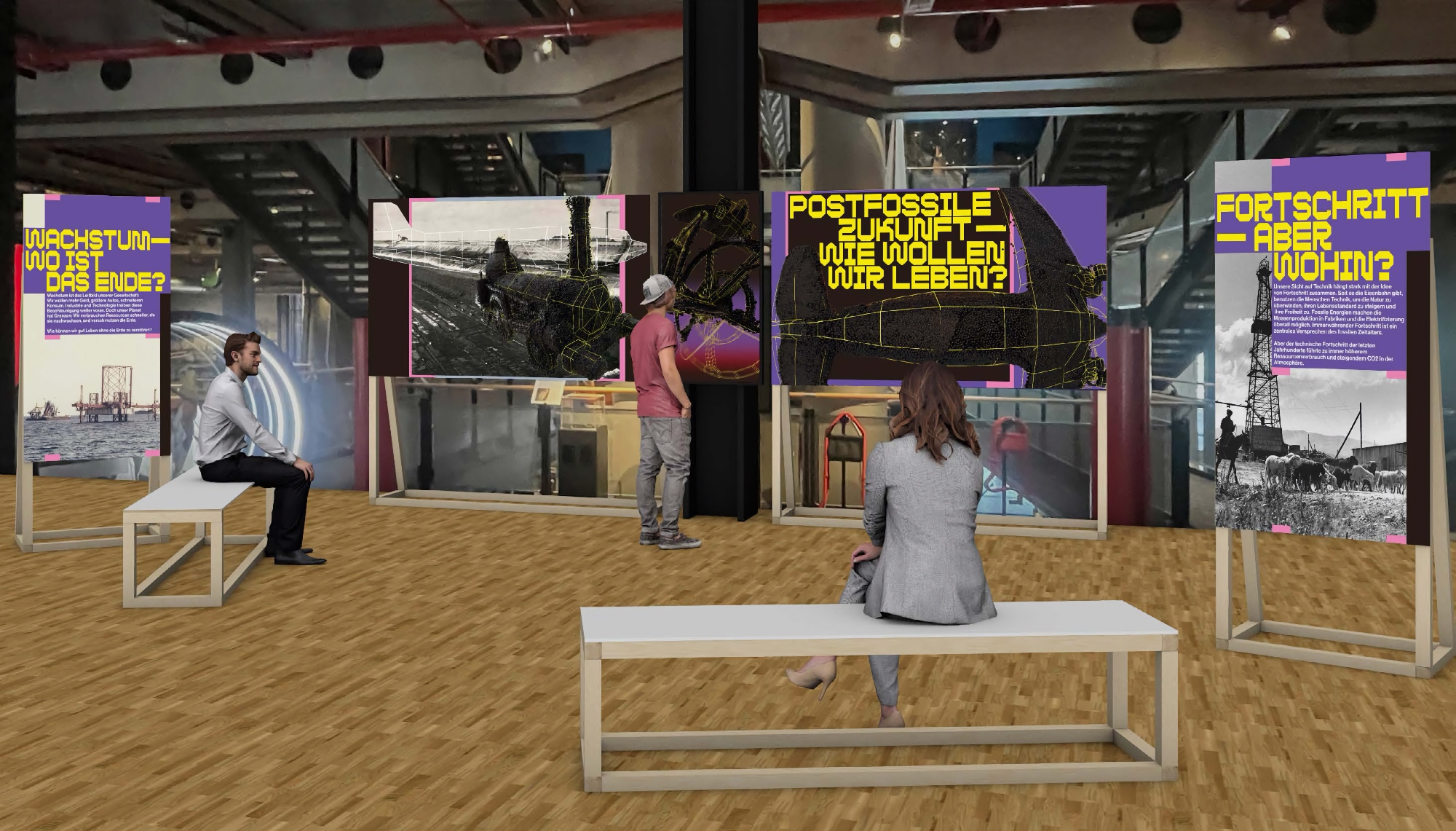 3D-Entwurf einer Ausstellung mit einfachen Holzbänken und Aufstellern. Drei Personen betrachten die Bilder und Texte auf den Aufstellern.