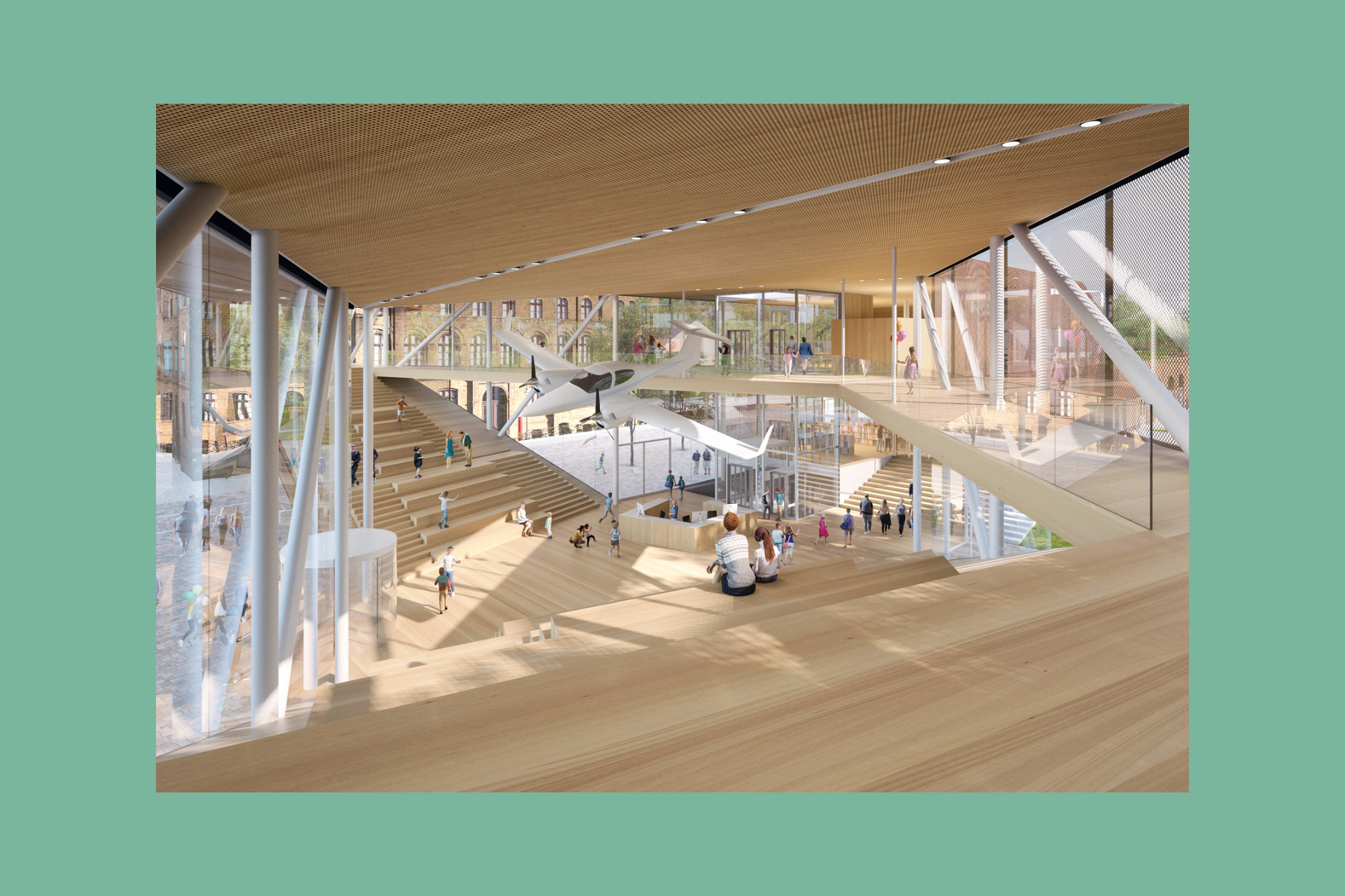 Ein moderner, heller Raum mit aufgehängtem Flugzeug, Treppen, Holzböden und großen Fenstern, in dem Besucher*innen umhergehen.