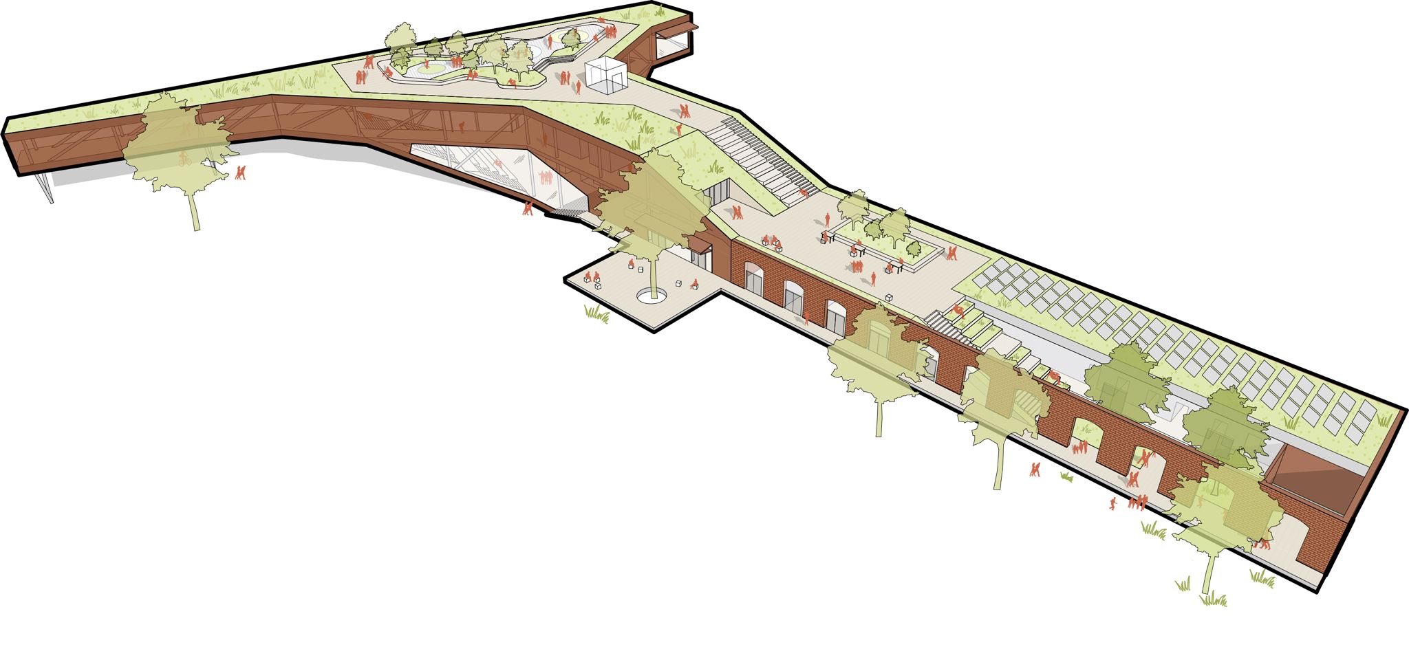 Architektonische 3D-Darstellung des langgestreckten, begrünten Eingangsgebäudes mit Wegen, Treppen, Bäumen und Sitzbereichen zwischen Gebäuden.