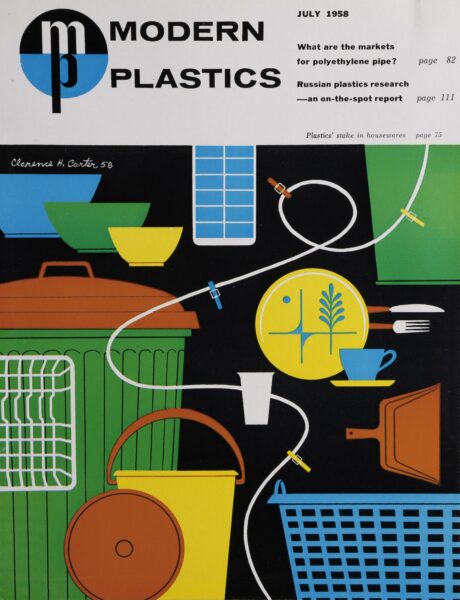 Titelseite der Zeitschrift "Modern Plastics" von Juli 1958 mit Illustrationen von Haushaltsgegenständen aus Kunststoff in bunten, grafischen Formen.