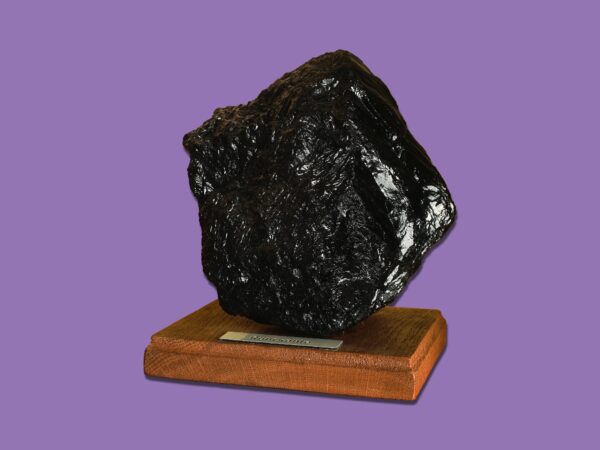 Großes Stück Anthrazitkohle auf einer Holzplinthe mit Beschriftung, vor violettem Hintergrund.