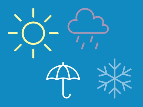 Blauer Hintergrund mit gelber Sonne, lila Regenwolke, weißem Regenschirm und blauer Schneeflocke.