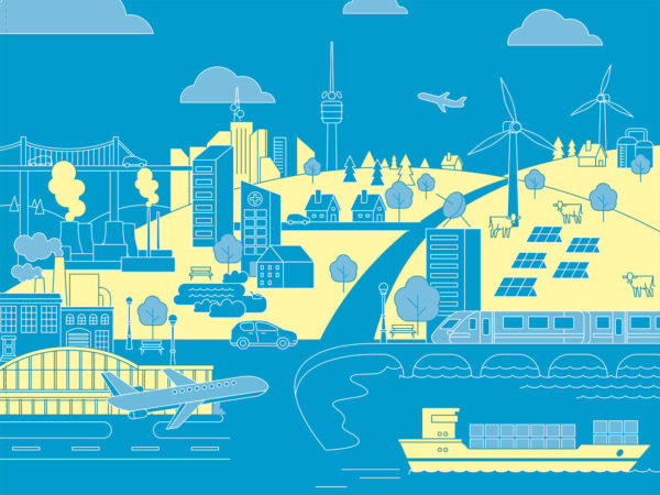 Illustration einer futuristischen Stadtlandschaft mit Häusern, Windrädern, Solarpanels, Flugzeugen, Zügen, Schiffen, einer Brücke, einem Flughafen und Industrieanlagen.