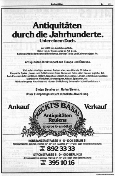 Werbeanzeige für "Antiquitäten Mecki's Basar" in Berlin mit Text zu Ankauf und Verkauf von Antiquitäten, Adressen und Telefonnummern.