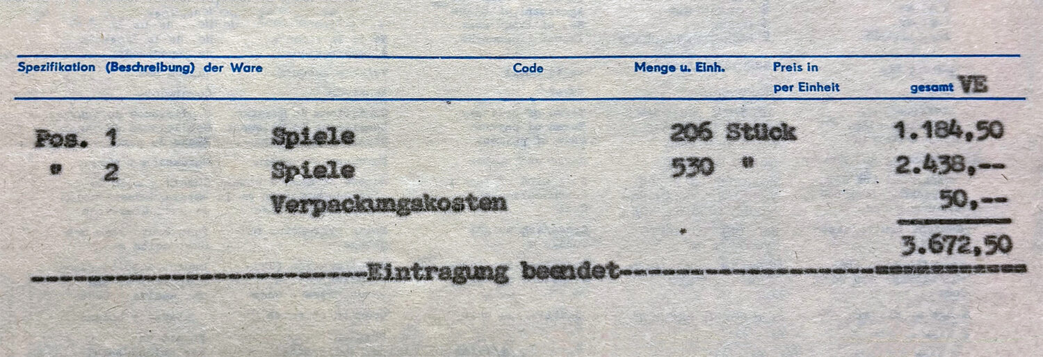 Historische Warenaufstellung mit 206 und 530 Stück Spielzeug sowie Verpackungsmaterial und einem Gesamtpreis von 3.672,50.